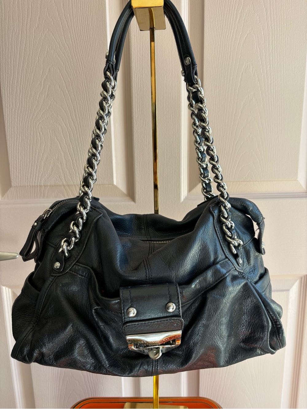 B Makowsky Black Leather Chain-Handle Shoulder Bag - Classic Women's Handbag